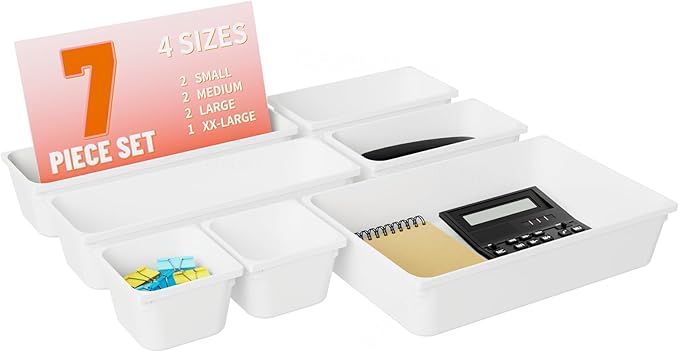 7 Pcs Plastic Drawer Organizer Set,4 Size Small Storage Containers for Organizing Jewelry,Utensil,Junk,Tea,Makeup,Shallow Drawer Organizers Tray Suitable for Office,Desk,Bathroom,Vanity,Kitchen,White