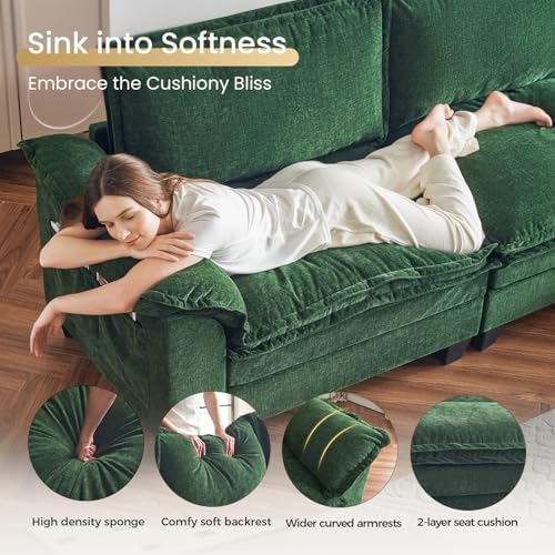 KKL Large V-Shaped Modular Sectional Sofa, 7 Seater Cloud Couch with Ottoman, Chenille Sectional Couches for Living Room, Apartment, Green | Chenille Oversized Sectional Couches for Living Room, Apartment, Green