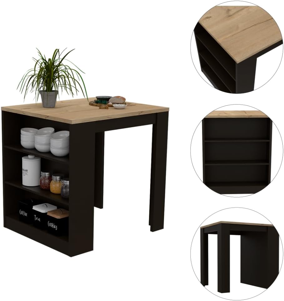 3-Drawer Kitchen Island Wenge and Pine with Particle Board | Modern kitchen island with 3 drawers and open shelves for organized storage