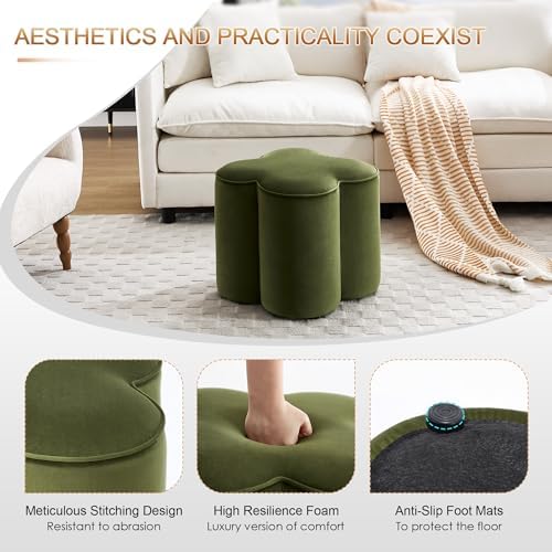 Zesthouse Flower Pouf Ottoman Foot Rest, Velvet Fabric Poofy Ottoman Stool | Large Ottoman Footstool for Couch, Modern Living Room Stool Seat, Cute Square Vanity Stool for Bedroom Dorm Green Footstool