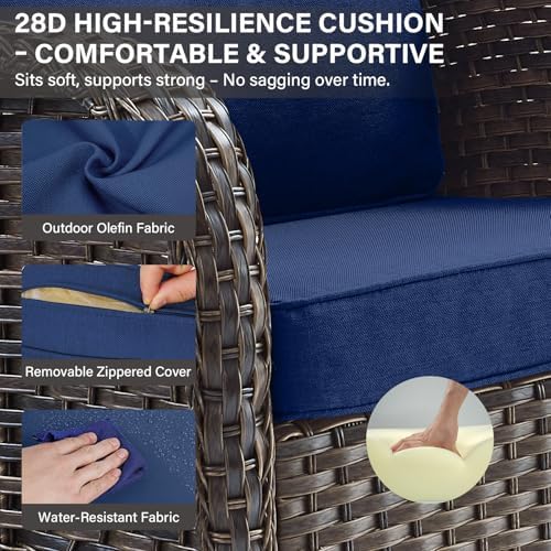 Belord Patio Rocking Chair Wicker Chair, 1 Piece Outdoor Rocking Chair Seating with Cushions for Porch Deck Balcony, Brown/Blue