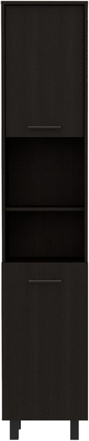 Kitchen Pantry 79" H, Two Open Storage Shelves, Three Internal Shelves, Two Doors, Four Legs, Black
