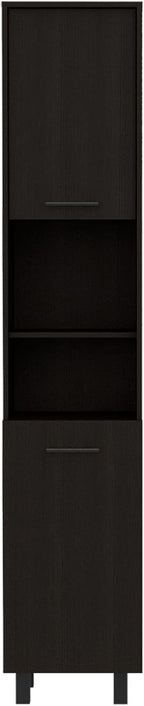 Kitchen Pantry 79" H, Two Open Storage Shelves, Three Internal Shelves, Two Doors, Four Legs, Black