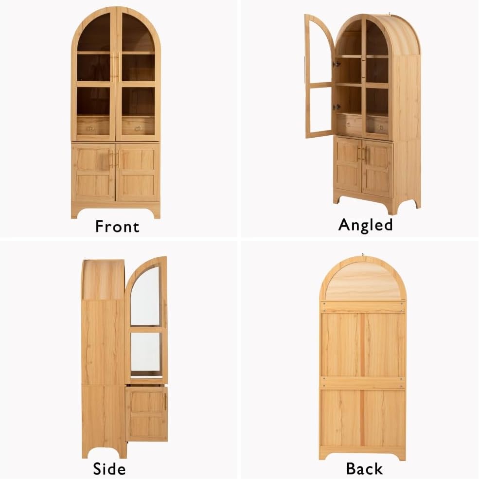 71" Tall Arched Kitchen Pantry Cabinet with Glass Doors, Adjustable Shelves & Hidden Drawer, Cupboard for Kitchen, Dining Room (Natural)