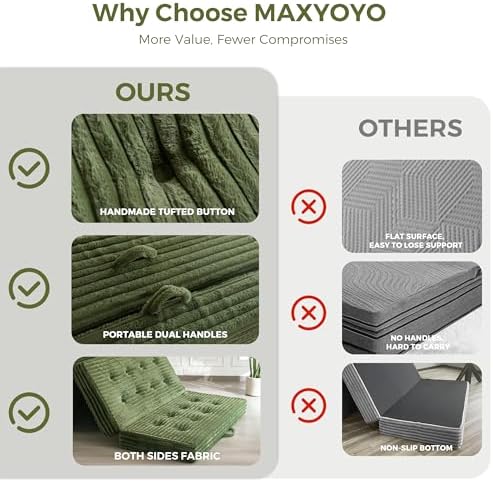 MAXYOYO Floor Sofa Couch, 6 Inch Tri-Fold Floor Sofa Bed, Folding Mattress with Handles, Soft Faux Fur Folding Bed with Supportive Foam Filling, Portable Couch for Living Room, Full, Dark Green