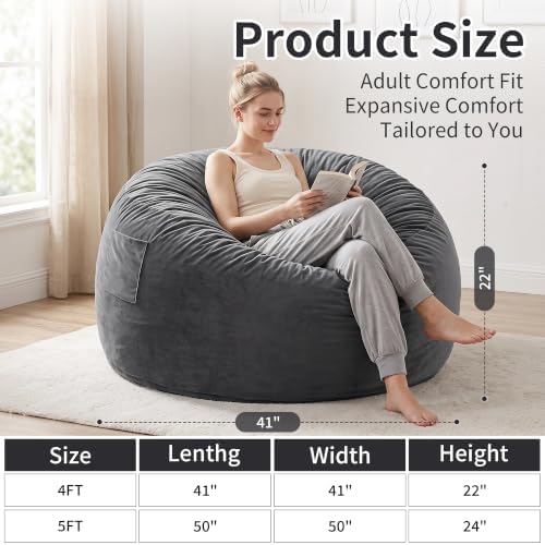 Kromax Bean Bag Chair with Filling Included, Large 4FT Comfy Bean Bag Chairs for Adults, Teens, Memory Foam, Machine Washable Thick Dutch Velvet Cover, for Living Room, Den, or Bedroom, Dark Grey