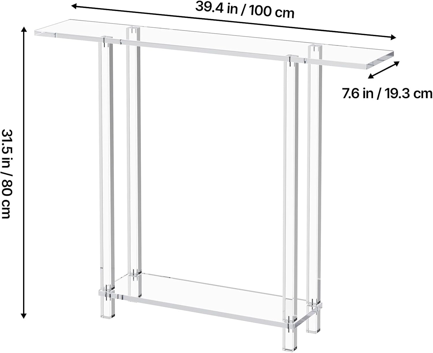 VEVOR Acrylic Narrow Console Table for Entryway, Clear Skinny Entry Side Table, 2-Tier Modern Transparent Sofa End Table, Square Legs, for Hallway, Foyer, Living Room, 7.6" D x 39.4" W x 31.5" H