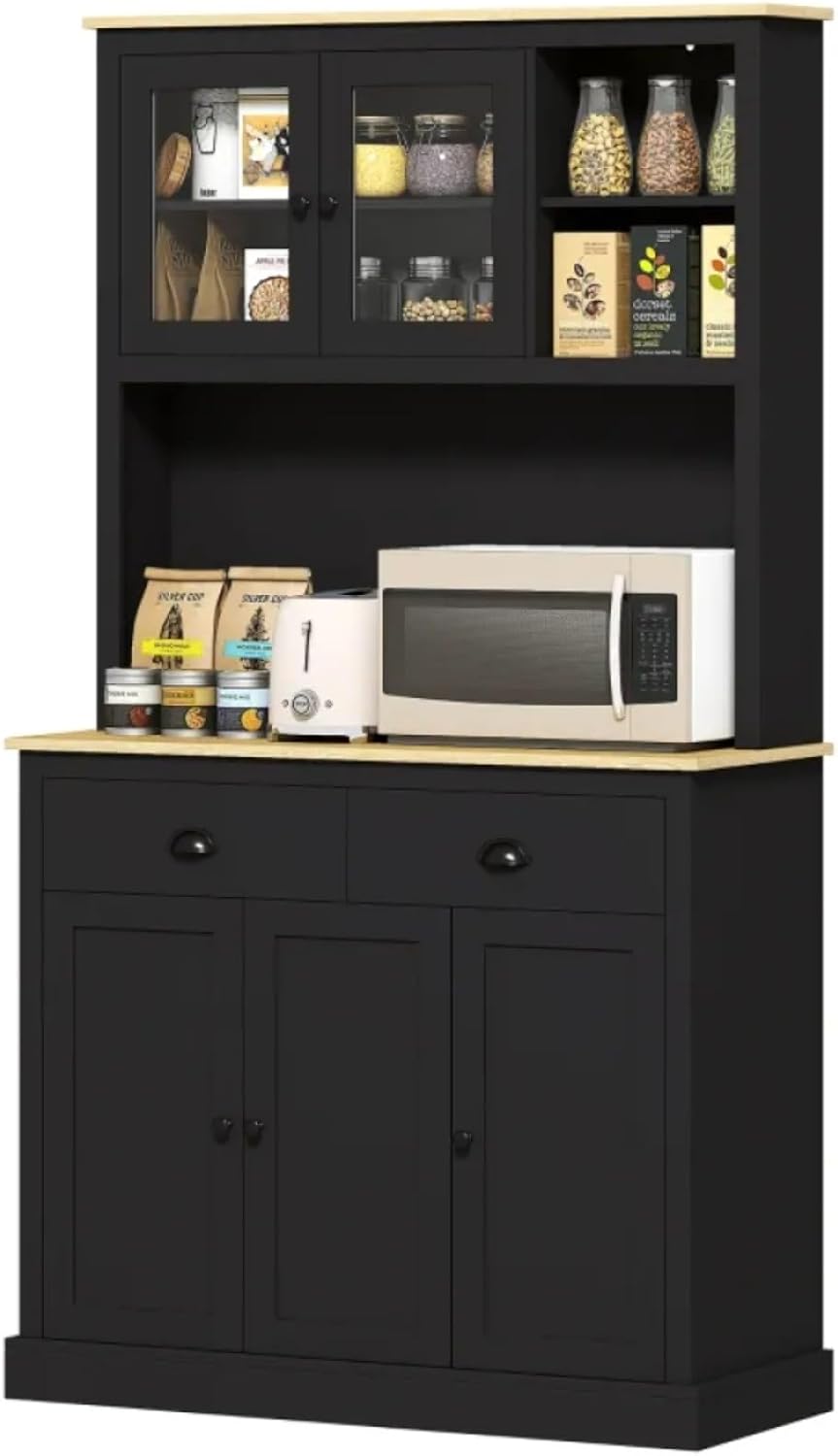 Kitchen Pantry Cabinet Tall Food Pantries w/Drawers&Adjustable Shelves for Kitchen,Multi-functional Kitchenware Server Utility Storage Organizer w/Microwave Stand&Open Countertop (Black + 71 inches)