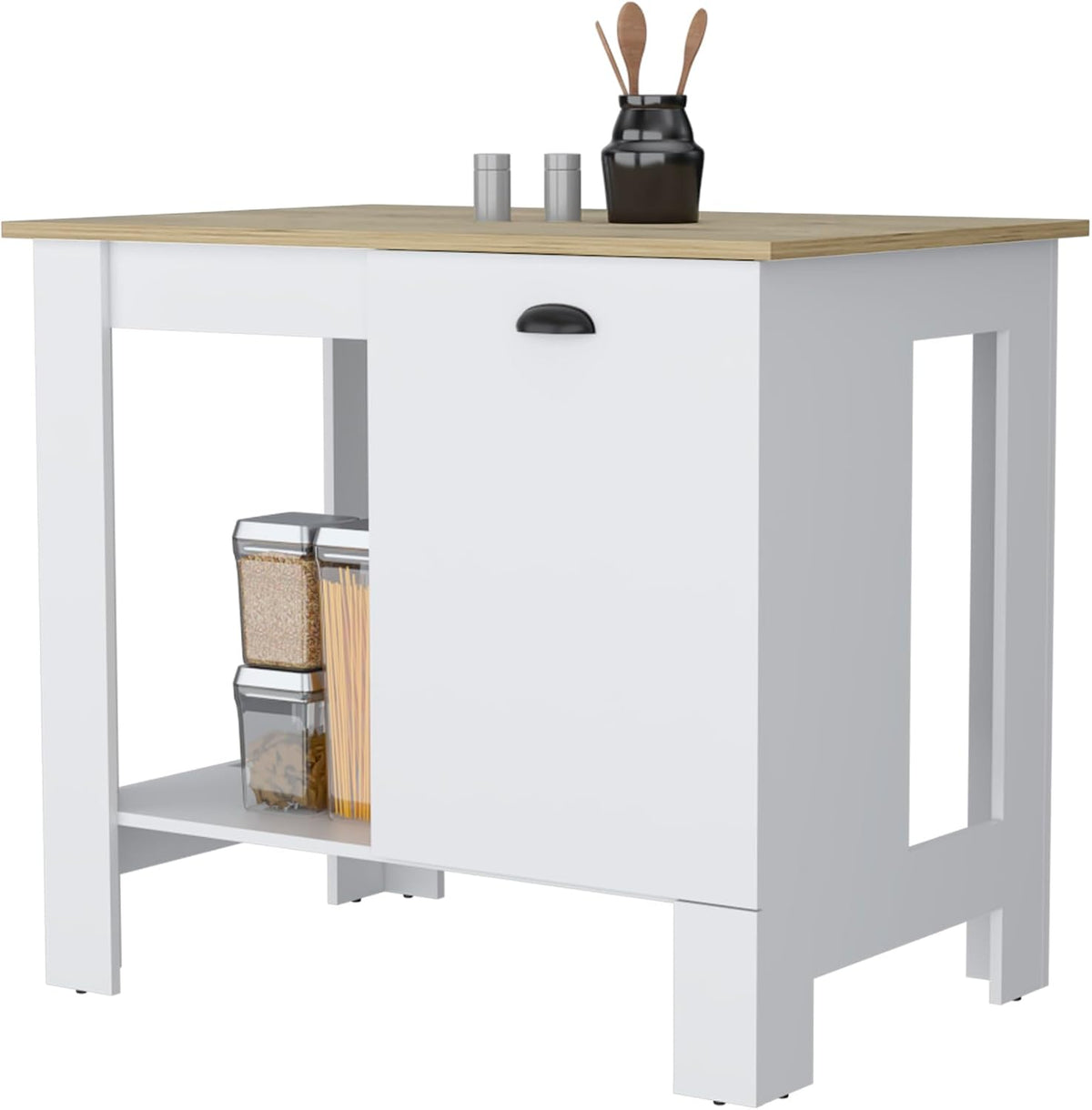 Kitchen Island with Single Door and Lower Open Shelf | Includes single door with two interior shelves and open-side shelf for storage