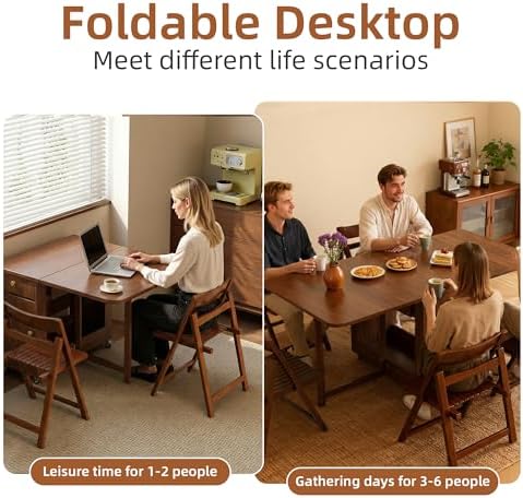 Drop Leaf Table and Chairs - 51" Fully Assembled Folding Dining Table 4-6 Seater with Storage and Lockable Wheels, Space-Saving Set with 4 Chairs for Kitchen or Dining Room (Walnut)