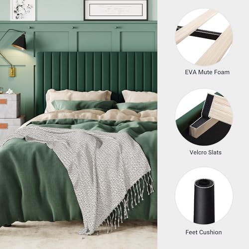Allewie King Bed Frame, Velvet Upholstered Platform Bed with Adjustable Vertical Channel Tufted Headboard, Mattress Foundation with Strong Wooden Slats, Box Spring Optional, Easy Assembly, Green