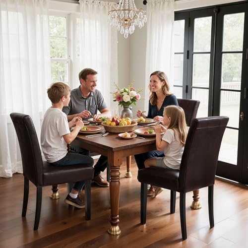 SyMax Dining Chairs Set of 4, Faux Leather Upholstered Dining Room Chairs, Modern Parsons Kitchen Chairs with Wood Legs, Brown (Only Chairs)