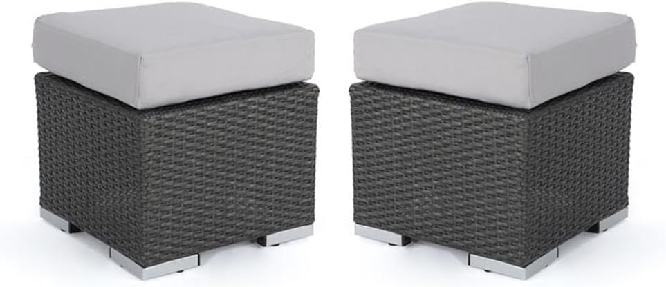 Great Deal Furniture Noble House Santa Rosa 16" Grey Wicker Ottoman Seat w/Silver Cushion (Set of 2)