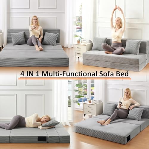 JKMAX Single Size Folding Sofa Bed - 4 in 1 Convertible Sleeper Chair - High Density Memory Foam Futon Couch - Foldable Bed for Living Room Bedroom (Dark Grey)