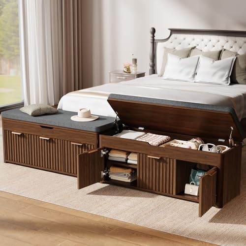 37.4" W Shoe Bench with Storage, Lift Top Entryway Bench, Walnut | 2-Tier Adjustable Shoe Rack with Cushioned Seat, Hidden Storage, Wooden End of Bed Bench for Bedroom, Living Room, Hallway
