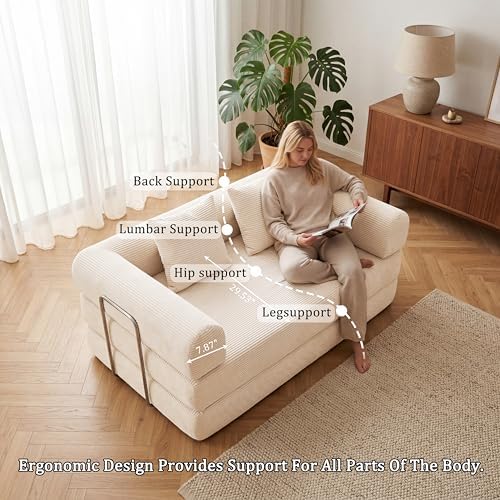 Futon Sofa Bed Modular Loveseat Sleeper Folding Pull Out Couch with Pillows, No Assembly Required Couch for Living Room Bedroom Guest Room (Beige, 53.15" Loveseat Sofa)