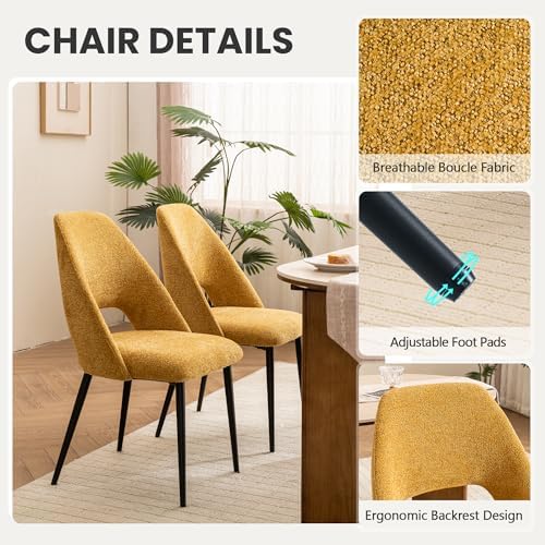 Rowill Boucle Dining Chairs Set of 4, Morden Upholstered Dining Room Kitchen Chairs with Metal Legs for Living Room, Bedroom, Restaurant, Yellow