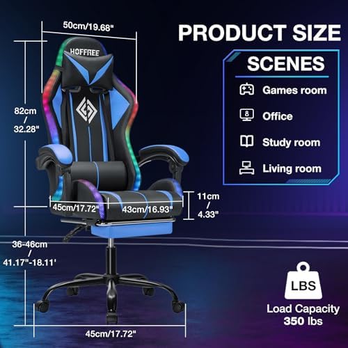 RGB Gaming Chair with Bluetooth Speakers and LED Lights Computer Chair-Blue | Ergonomic Massage Game Chair with Footrest High Back Music Video Game Chair for Adults Boys Gamer Chairs with Lumbar Support