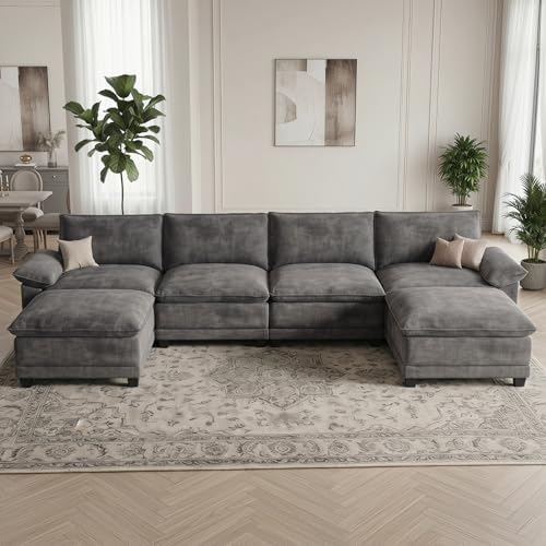 140" Modular Sectional Couch, U Shaped Cloud Sofa for Living Room | Comfortable Foam Cushions, Sturdy Frame, Appealing Appearance, Easy Assembly, Soft Chenille, Modular Design, Dark Gray