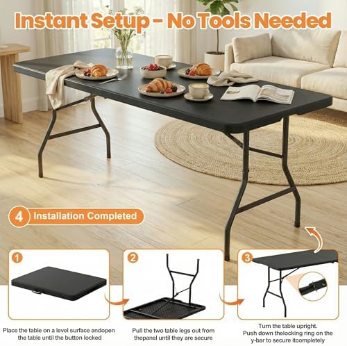2 Pack Folding Table 6FT Heavy Duty Plastic Utility Table with Carrying Handle for Camping, Party, Picnic, BBQ, Banquet, Folds in Half for Easy Storage, No Assembly Required, Black