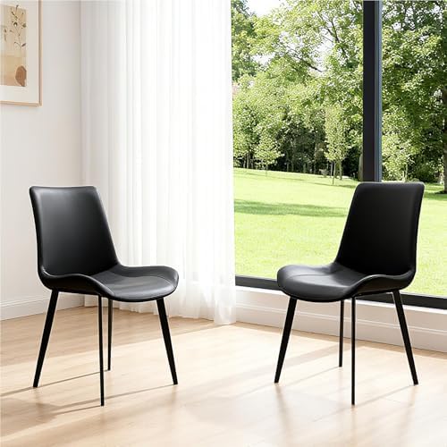 Black Dining Chairs Set of 8, Mid Century Modern Faux Leather Kitchen Chairs, Comfy Upholstered Dinner Chairs with Durable Metal Legs for Dinning Room Living Room Kitchen, Black