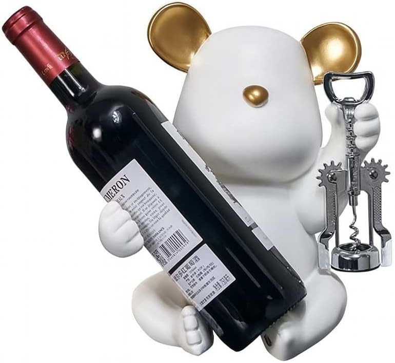 Bear Wine Bottle Holder, White with Gold Accents, Decorative Tabletop Wine Rack, Single Bottle