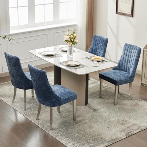 Shenyon Blue Dining Chairs Set of 6，Chenille Fabric Upholstered Dining Chairs with Silver Stainless Steel Legs, Modern Kitchen Chairs for Dining Room, Kitchen (Blue)