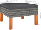 Poly Rattan Footstool with Solid Eucalyptus Wood Legs, PE Rattan Outdoor Indoor Footstool with Removable Washable Cushion, Powder-Coated Steel Frame Garden Footrest for Relaxing