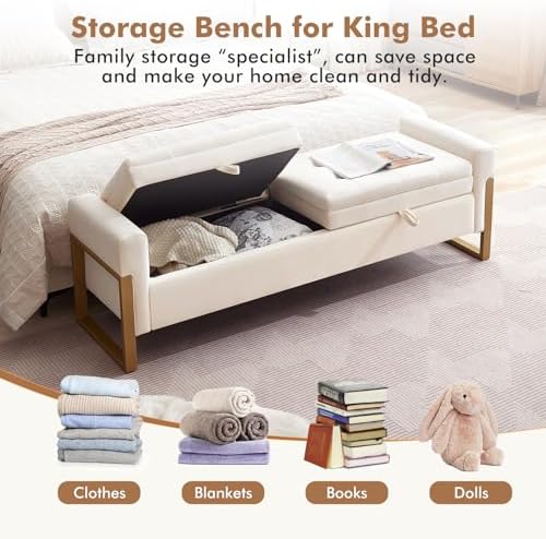 67" Storage Bench for Bedroom, End of Bed Bench King Size, Cream | Double Lids Storage Ottoman Bench with Golden Legs, Upholstered Velvet Bench for Foot of Bed Window Living Room Entryway