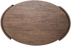 Pemberly Row 3 Piece Living Room Table Set, Rubberwood and Oak Veneer, Coffee Brown Finish, Includes Oval Cocktail Table with Casters and 2 Round End Tables, Basketweave Design, Shelves, Contemporary