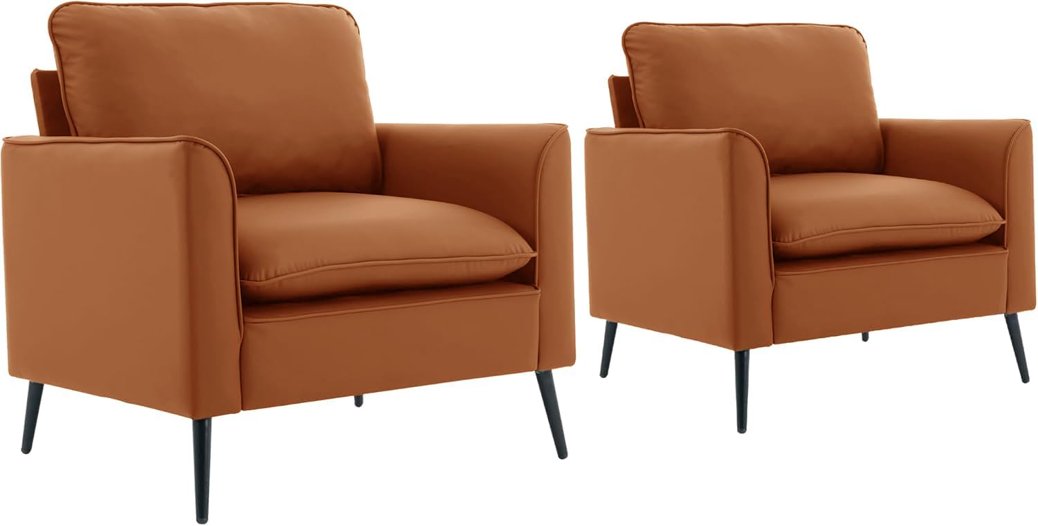 YISHENG Mid-Century Modern Living Room Accent Chairs Set of 2 - Oversized Faux Leather Armchairs with Removable Cushions & Metal Legs, Comfortable Sofas for Office/Lounge/Bedroom/Reception,（Brown）