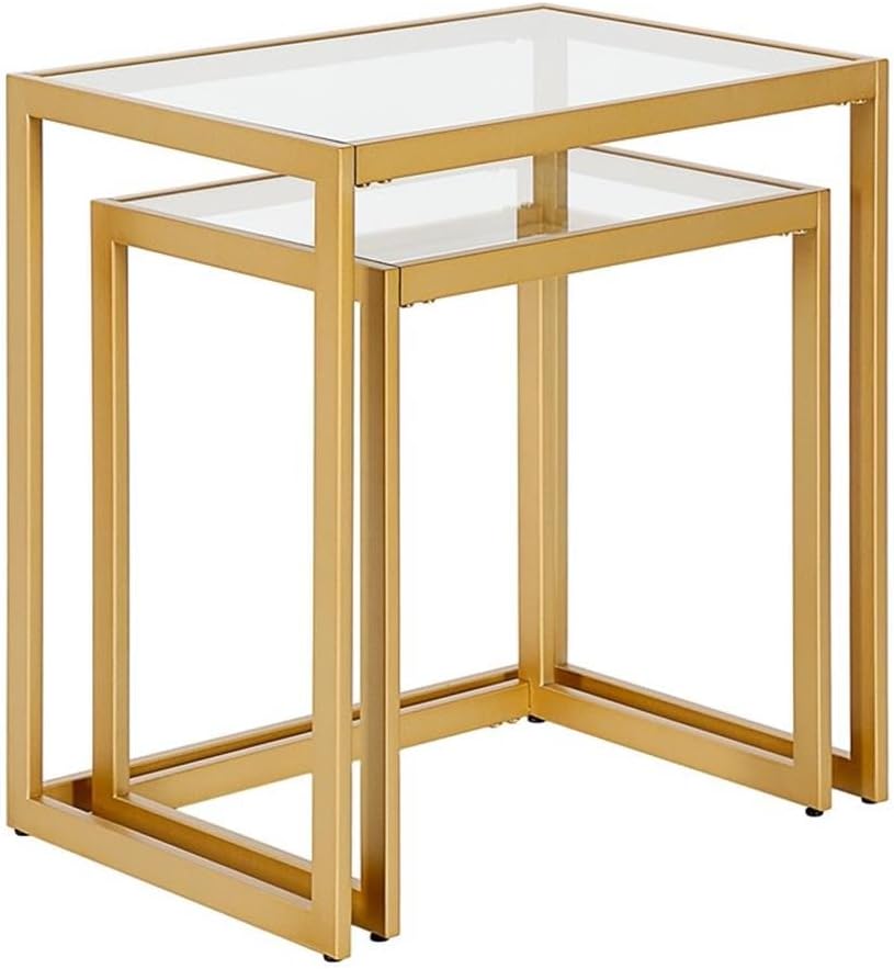 MAKLAINE Contemporary Metal/Tempered Glass Side Table, 22 in, Brass Finish, Handcrafted Steel Frame, Rectangle Shape, Set of 2, Living Room Accent Table