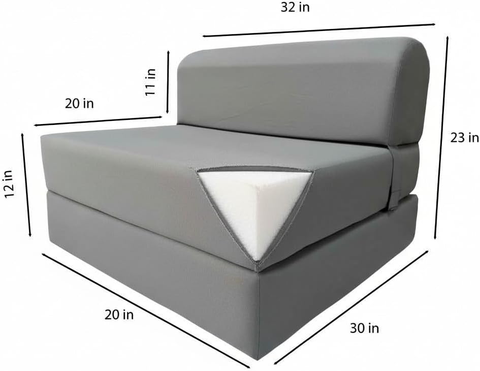 D&D Futon Furniture Sleeper Chair Folding Bed, Studio Sofa Guest Folded Mattress, High Density Foam (70 x 32 x 6, Gray)