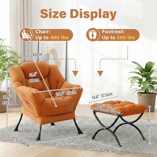 Lazy Chair with Ottoman,Comfy Accent Living Room Chair with Footrest Set | Removable & Machine-washable Cover,Reading Chair with Armrests,Upholstered Lounge Chair for Bedroom,Dorm,Office,Small Space