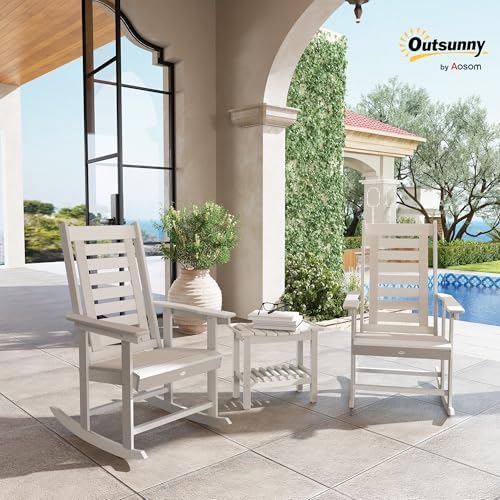 Outsunny Outdoor Rocking Chairs Set of 2 HDPE Patio 28" High Back White | Wide Armrests, All-Weather Slatted Porch Rockers, Garden, Balcony, Fire Pit