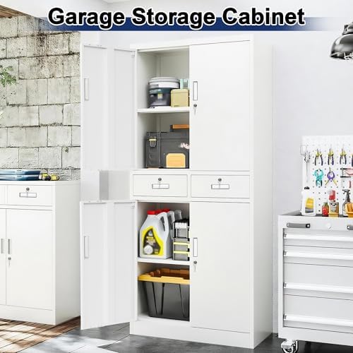 BESFUR Metal Storage Cabinet with 2 Drawers 4 Doors and 2 Adjustable Shelves Garage Storage Cabinet with Lock 71" Office Storage Cabinets Locking Cabinets for Garage Office Shop Home (White)