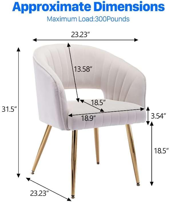 KCC Modern Velvet Desk Chair Accent Armchair Upholstered Tufted Chairs Dining Chairs, Tufted Vanity Chair Side Chairs with Gold Metal Legs for Dining Room Living Room Restaurant,1 PC &Cream