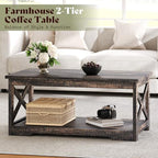 AMERLIFE 3 Piece Farmhouse Living Room Coffee Table Set, Dark Oak | Coffee Table & 2 End Tables with Charging Station and USB Ports, Farmhouse Style, Barn Door Design, Living Room Furniture