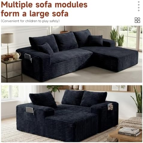 Couch ≈105" L-Shaped Sofa, Modular Sofa in Living Room Comfy Corduroy Fluffy Couch with Deep Seat and Side Pockets, Flexible Module Combination for Living Room (Black, 105IN)
