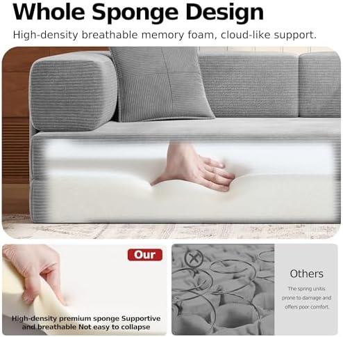 MoonSpeak 78.8'' Futon Sofa Bed, Couches for Living Room | Corduroy Convertible Futon Sofa Bed with Storage Pocket, Modular Sleeper Couch in a Box, No Assembly (Gray)