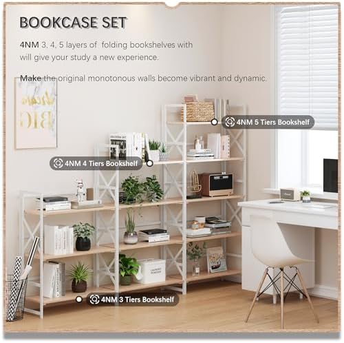 4NM 5 Tiers No Assembly Book Shelves, 51.2" H Folding Bookshelf Bookcase Open Industrial Foldable Shelves for Bedroom, Living Room, Home Office - Natural White