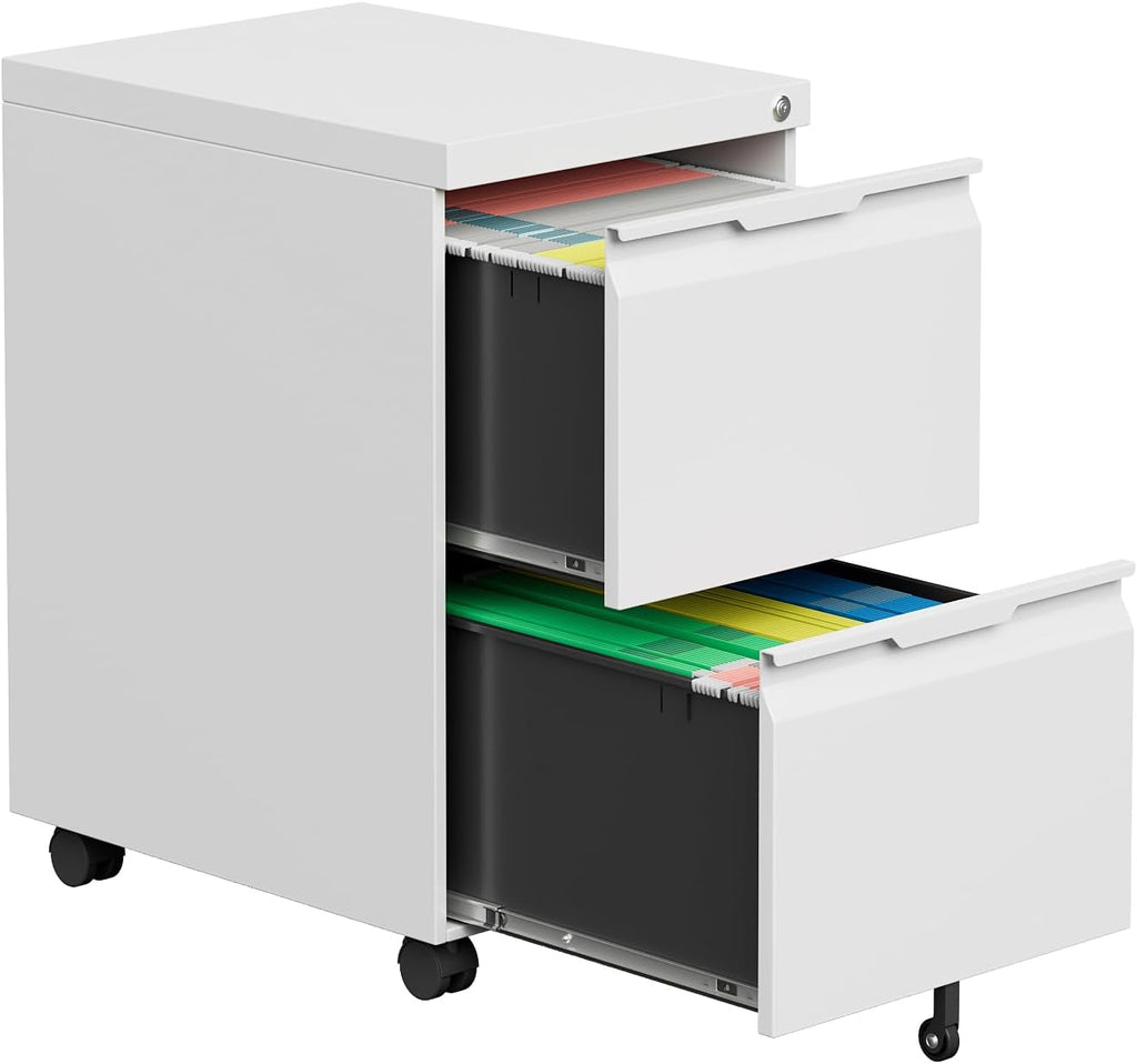 2 Drawer File Cabinet with Lock,Filing Cabinet for Home Office,Small Rolling for Legal/Letter/A4 File,Mobile Cabinets on Wheels Under Desk -White