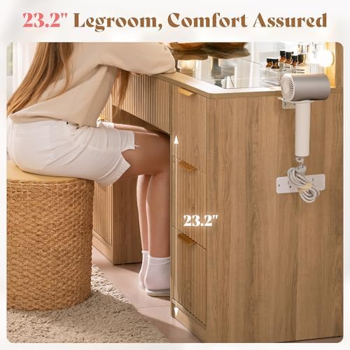 AMERLIFE 47.2" Fluted Vanity Desk with Mirror and Lights, Natural Oak | Large 7 Drawers Wood Makeup Vanity Table with Glass Top and Charging Station for Women and Girls, Bedroom or Dorm