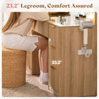 AMERLIFE 47.2" Fluted Vanity Desk with Mirror and Lights, Natural Oak | Large 7 Drawers Wood Makeup Vanity Table with Glass Top and Charging Station for Women and Girls, Bedroom or Dorm