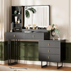 Large Vanity Desk with 3 Color Touch Screen Dimming Mirror, Vanity Desk with Charging Station, Modern Retractable Makeup Dressing Table, Makeup Table With storage shelves and 5 Sliding Drawers, Black