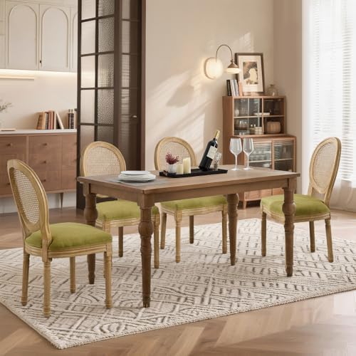 SoarFlash French Dining Chairs Set of 4, Vantage Dining Chair with Round Back, Wood Leg Farmhouse Country Rattan Dining Chair for Kitchen,Bedroom,Green
