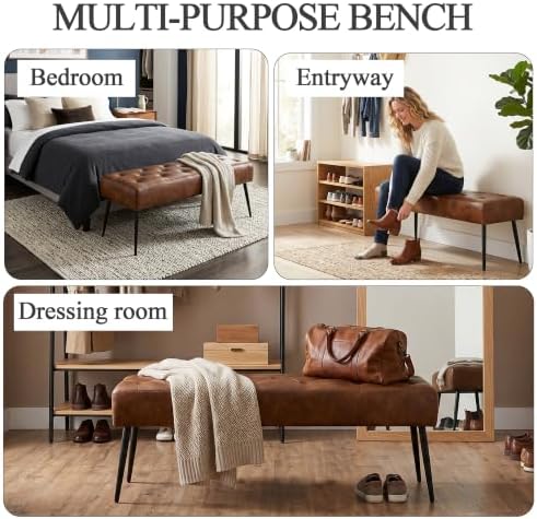 DUHOME Button-Tufted Ottoman Bench, Upholstered Bedroom Benches Leather Footrest Stool Accent Bench for Entryway Dining Room Living Room Bedroom End of Bed, Yellowish Brown