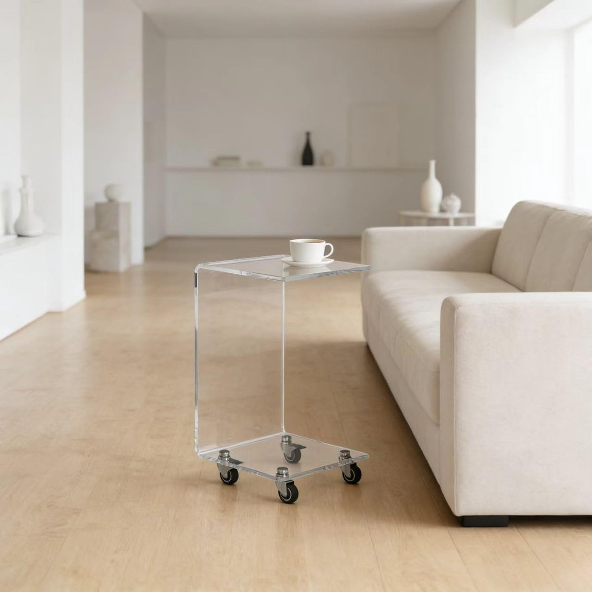 Acrylic Clear Movable End Table -26" h C-Shaped Modern Rolling Bedside/Sofa Side Table, Ideal for Bedroom and Living Room as a Snack Table