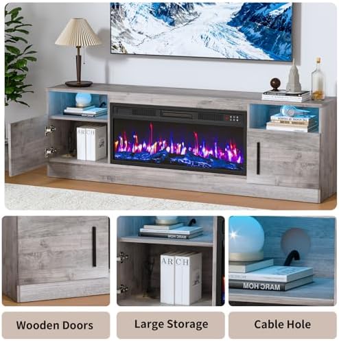 PRETZI Fireplace TV Stand with 36" Fireplace Up to 80" TVs for Living Room | 70" Modern Wood Texture Entertainment Center with Adjustable LED Lights, TV Media Console with Highlight Storage Cabinet,Gray