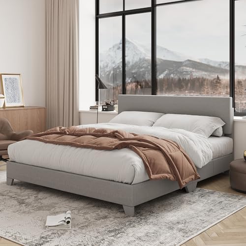 Allewie Queen Size Upholstered Bed Frame Adjustable Headboard, Light Grey